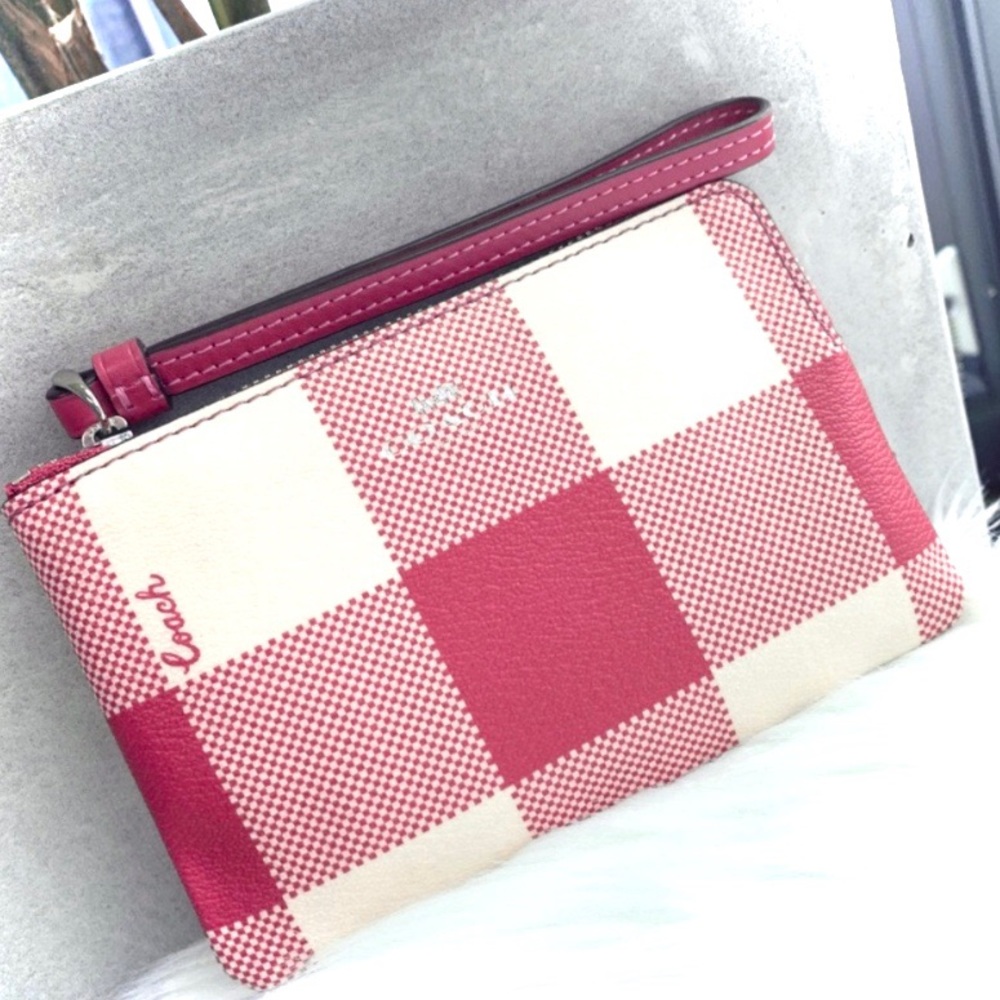Coach Pink Buffalo Plaid Corner Zip Wristlet